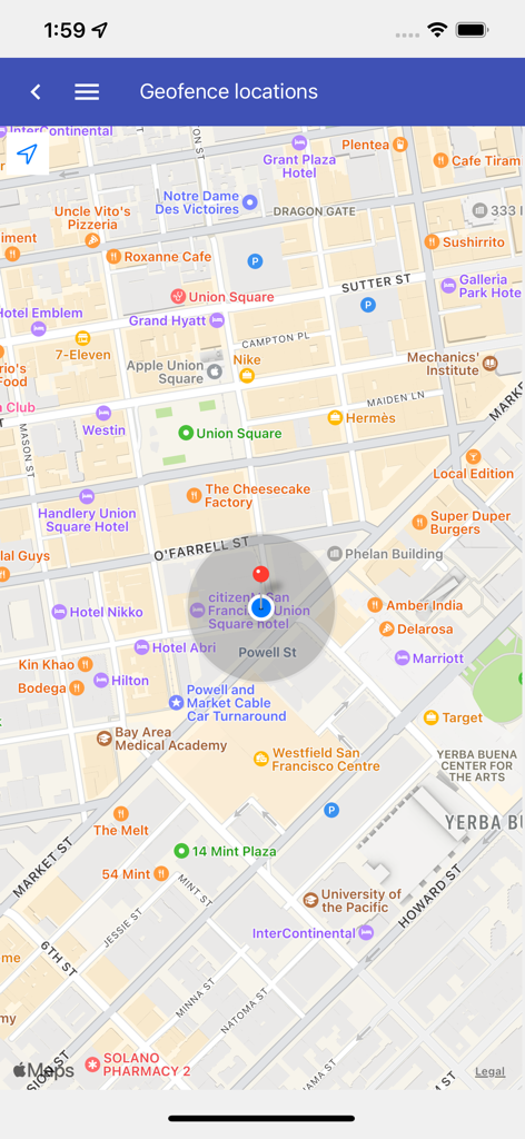 Advisor Advanced Pro - Vista de mapa de ubicaciones de geovallas en la aplicación de seguridad Advisor Advanced Pro