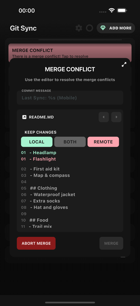 GitSync - GitSync mobile app interface showing a merge conflict resolution screen for a README file with options to keep local or remote changes