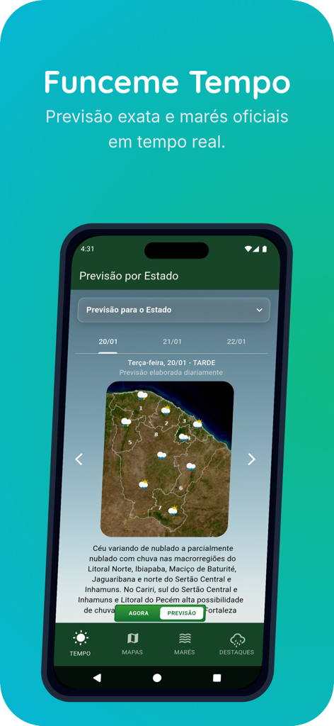Funceme Tempo mobile app interface showing a weather forecast map for the state of Ceara