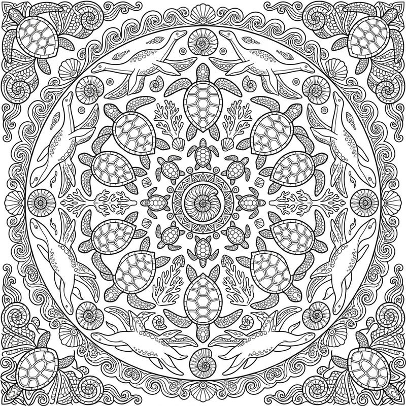Explore the mesmerizing beauty of marine life with this intricate sea turtle mandala. This unique coloring page combines graceful sea turtles with symmetrical patterns for a calming creative experience.