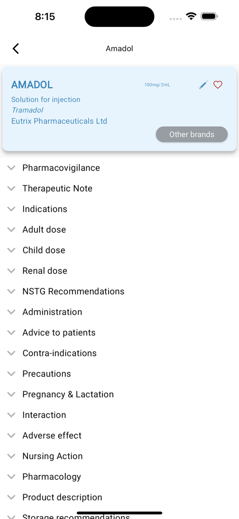 EMDEX Reference - EMDEX ReferenceモバイルアプリでのAmadolの詳細な医薬品情報。医療用量と臨床メモが表示されます。