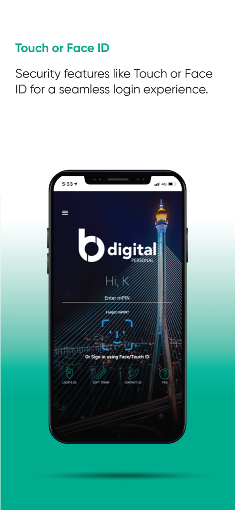 Baiduri b.Digital Personal - Smartphone screen showing the Baiduri b.Digital Personal app login page with Face ID biometric authentication.