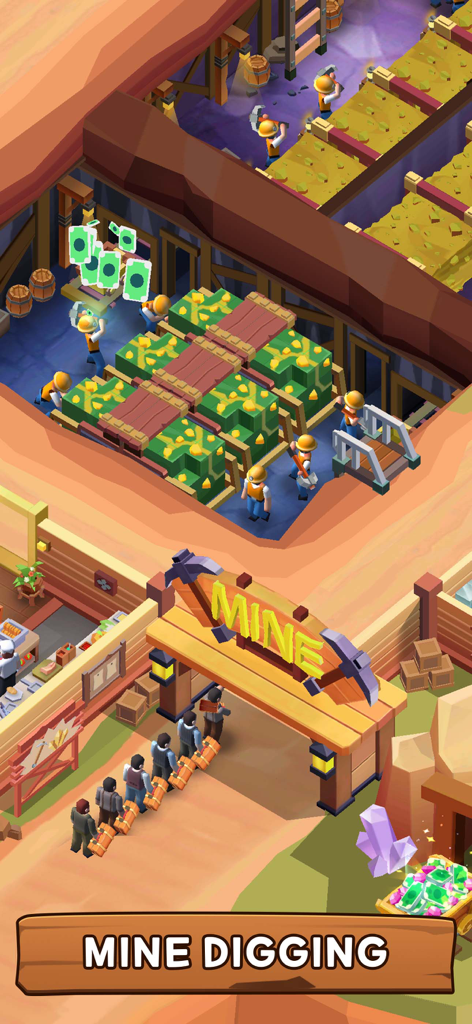 Mineros de dibujos animados extrayendo bloques de mineral verde y transportando cajas en un sitio minero