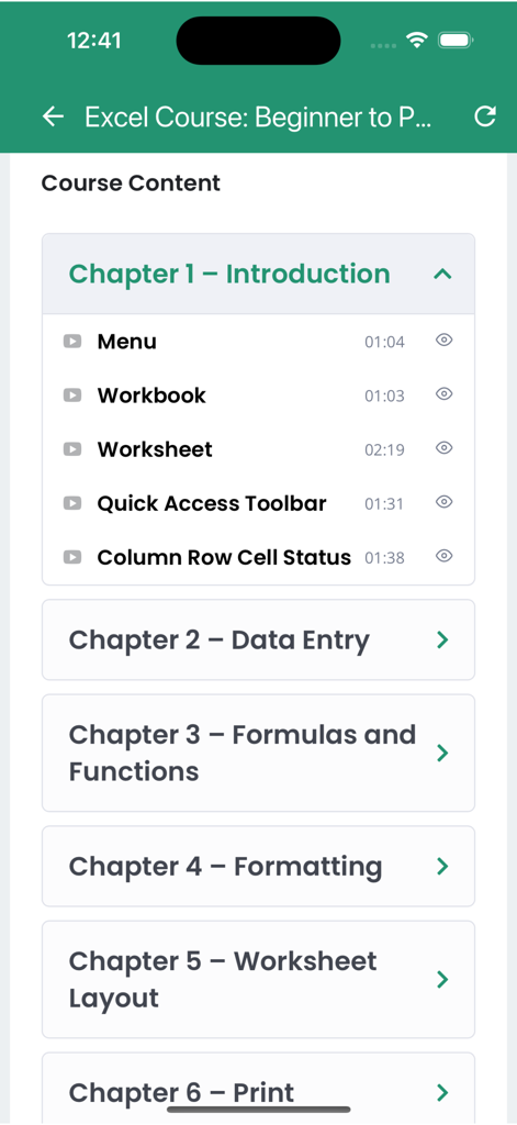 Mobile app screen showing the Excel course curriculum with chapters for Introduction, Data Entry, and Formulas.