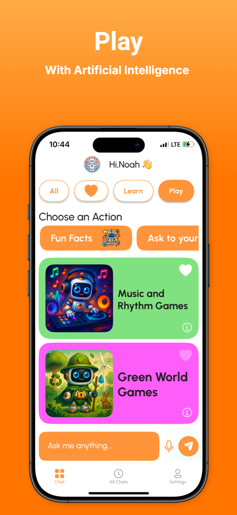 Interface of the Chat Kids app showing interactive AI games for music and environmental learning.