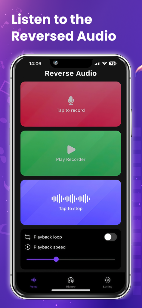 AI Reverse Audio - Ein Smartphone-Bildschirm, der die AI Reverse Audio App mit bunten Schaltflächen zum Aufnehmen und Wiedergeben von Audio anzeigt