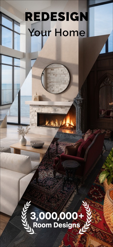 AI-powered home redesign tool showing different living room styles