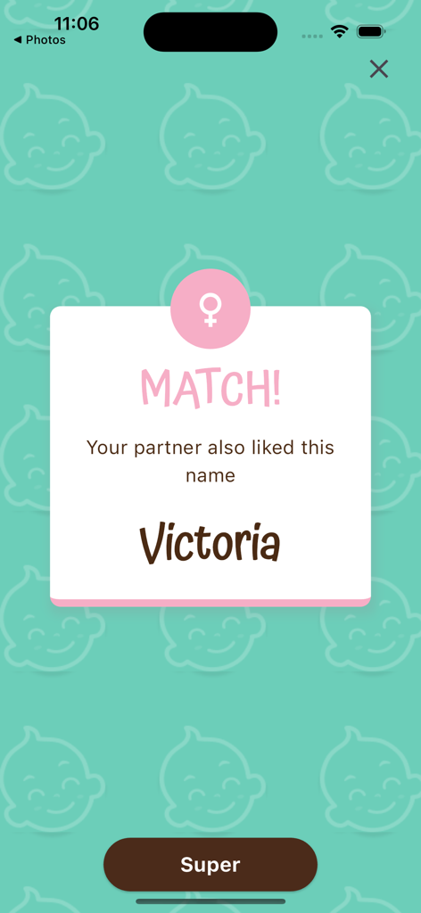 Baby Names by Nameby - Match notification for the baby name Victoria in the Nameby app