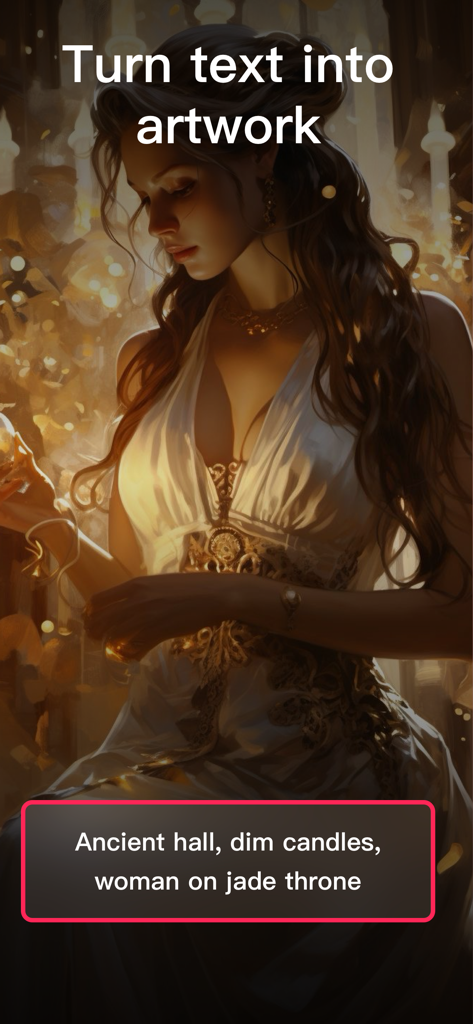 Interface do aplicativo AIArt mostrando uma imagem gerada de uma mulher em um salão antigo baseada em um prompt de texto
