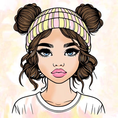 realistic girl with buns in her hair with a beanie on
