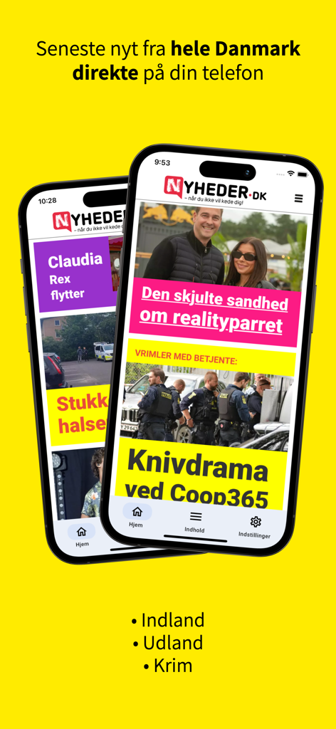 Nyheder.dk - Dos iPhones mostrando la aplicación de noticias Nyheder.dk con titulares y categorías danesas sobre un fondo amarillo brillante