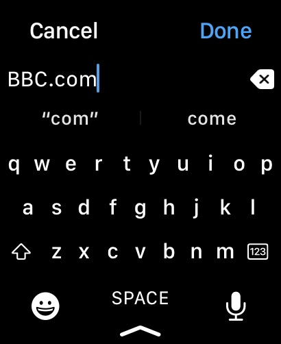 LAZER Browser - A QWERTY keyboard interface on an Apple Watch screen for typing a website address into the LAZER Browser