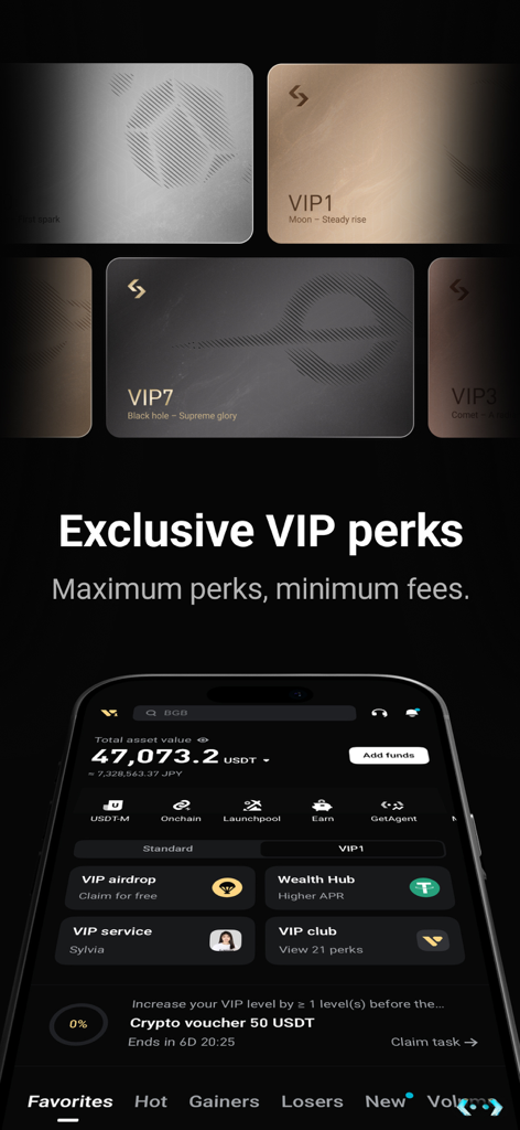 Bitget app interface displaying exclusive VIP perks and reward levels