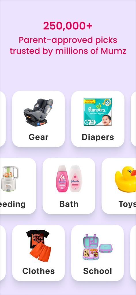 Mumzworld app displaying various baby and child product categories like gear, diapers, bath, and clothes