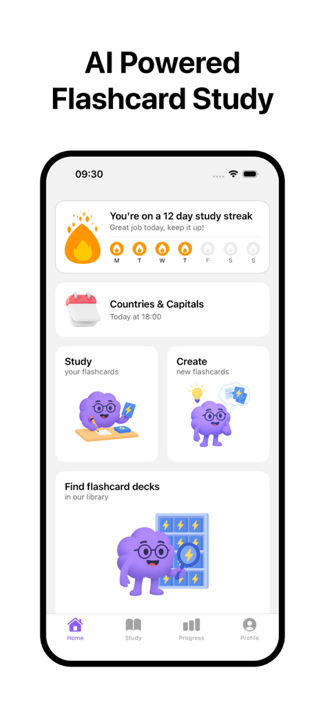 BrainDeck: AI Flashcards - BrainDeck app home screen showing a 12 day study streak and buttons to study or create flashcards.