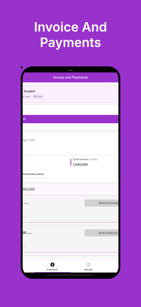 Fountain Day Cares Tz - Tela do aplicativo móvel exibindo fatura do aluno e histórico de pagamentos para gerenciamento de creche