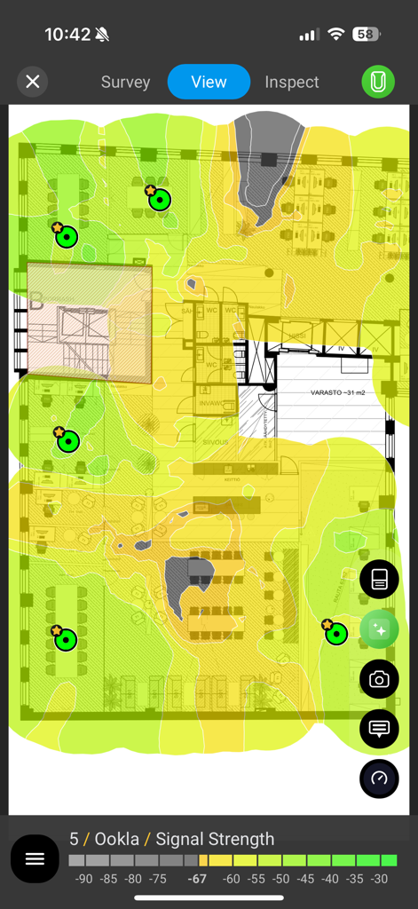 Ekahau Survey - Ekahau Survey app showing a professional Wi-Fi signal strength heatmap over a building floor plan