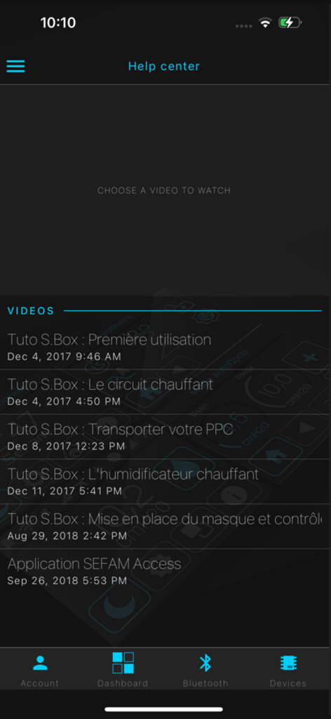 Help center screen showing a list of video tutorials for the S.Box CPAP device in the Sefam Access Lite app