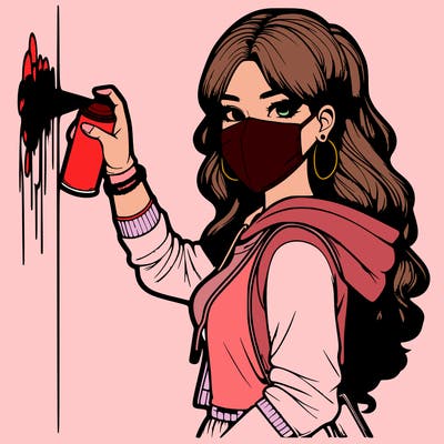 realistic girl with mask spray painting a wall