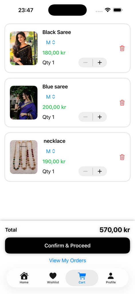 Deshi-Boutique - Shopping cart screen in the Deshi-Boutique app showing sarees and jewelry items