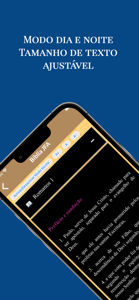 Interfaz de app móvil mostrando modo nocturno y tamaño de texto ajustable para leer versículos bíblicos en portugués