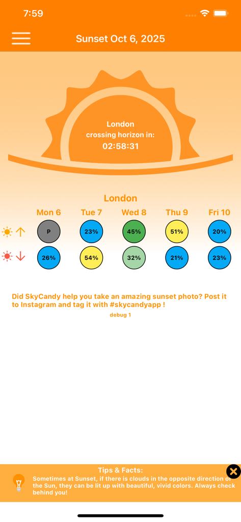 SkyCandy - Sunset Forecast App - SkyCandy app screen showing a sunset countdown and a five day quality forecast for London