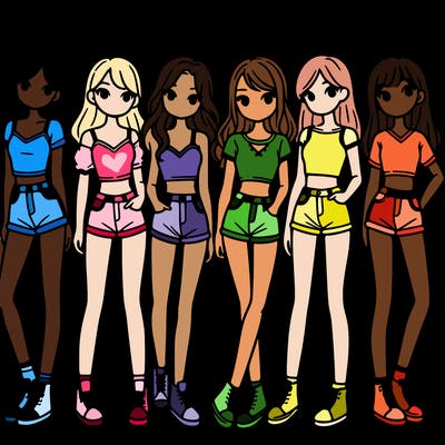 a group of girls wearing crop tops and shorts