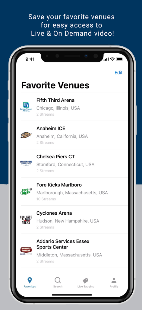 LiveBarn app Favorite Venues screen listing sports arenas for live streaming