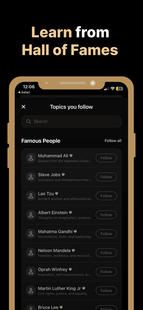 Mentality - Daily quotes - Mentality app screen showing a list of famous people like Steve Jobs and Albert Einstein to follow for daily inspirational quotes
