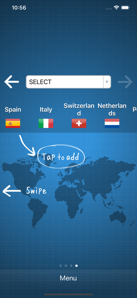 WorldStock - Interactive world map interface in the WorldStock app with tutorial instructions for selecting global markets