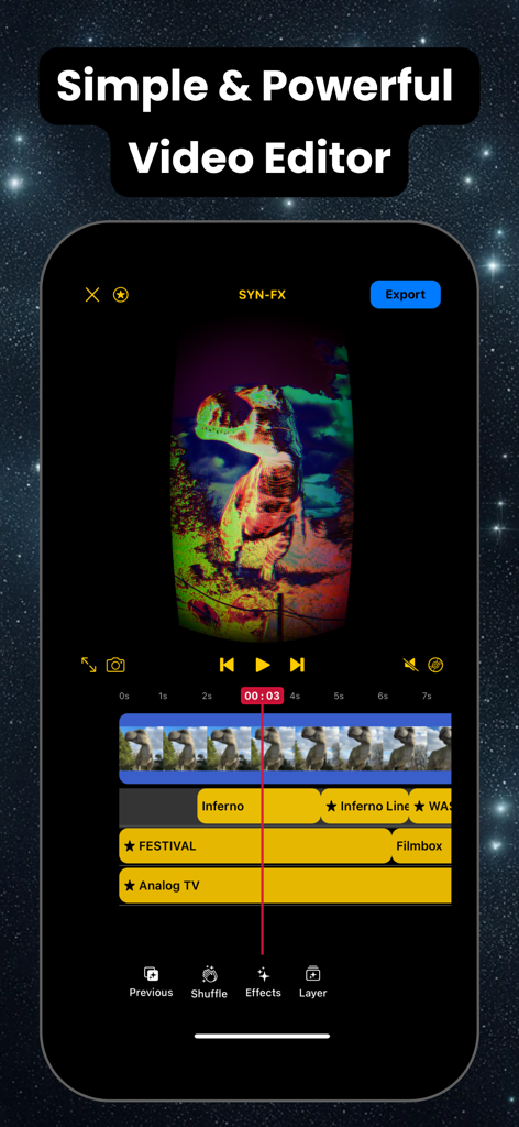 Syn-FX: Video Editor & Effects - Smartphone screen showing the Syn-FX video editing interface with multiple color and texture effect layers applied to a video clip