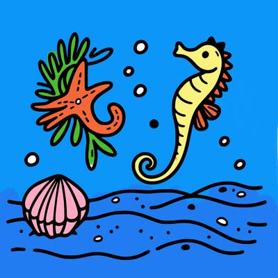 sand, sea horse, starfish