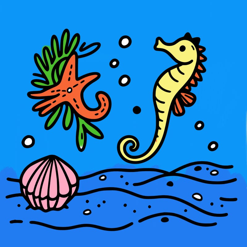 sand, sea horse, starfish