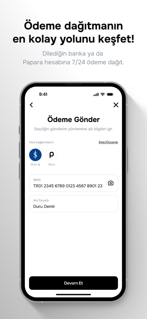Papara Ticari - Mobile screen of the Papara Ticari app showing the send payment interface with IBAN and recipient name fields