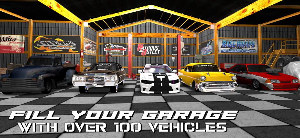 Door Slammers 2 Drag Racing - A lineup of five customized drag racing cars inside a garage with sponsor signs