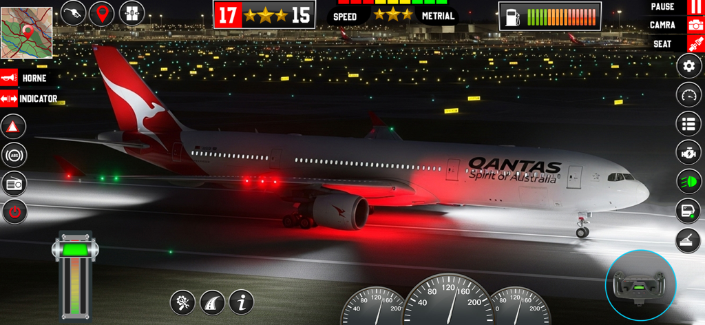 A commercial airplane on a lit runway at night in the Flight Simulator Pilot Game 3D mobile interface.