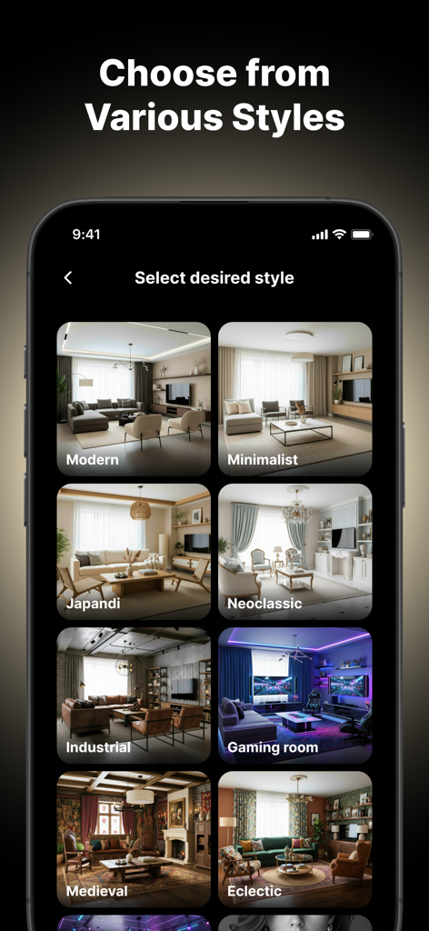 AI Home Planner – Design App - Pantalla de la aplicación mostrando una cuadrícula de varias opciones de estilo de diseño de interiores, incluyendo Moderno, Japandi, Industrial y Sala de Juegos