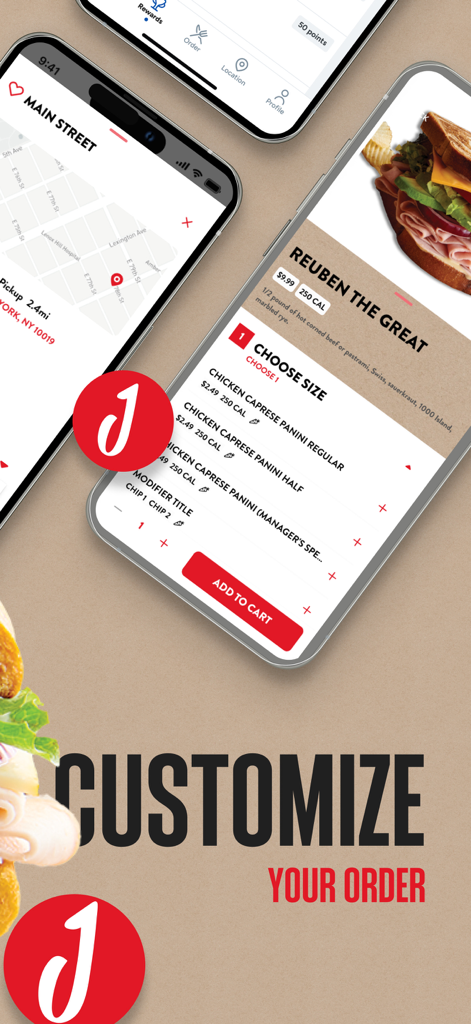 Jason's Deli - Jason's Deli mobile app screens displaying sandwich customization options and a map for location pick up.