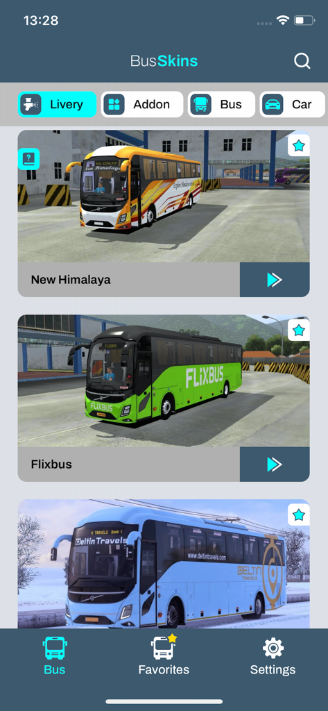 Mods for Bussid - Screen showing available bus liveries in the Mods for Bussid app