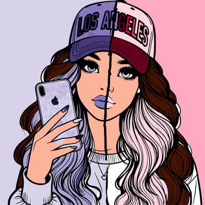 realistic beautiful girl wearing los ángeles cap holding an iphone