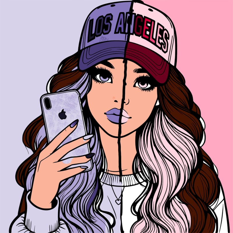 realistic beautiful girl wearing los ángeles cap holding an iphone