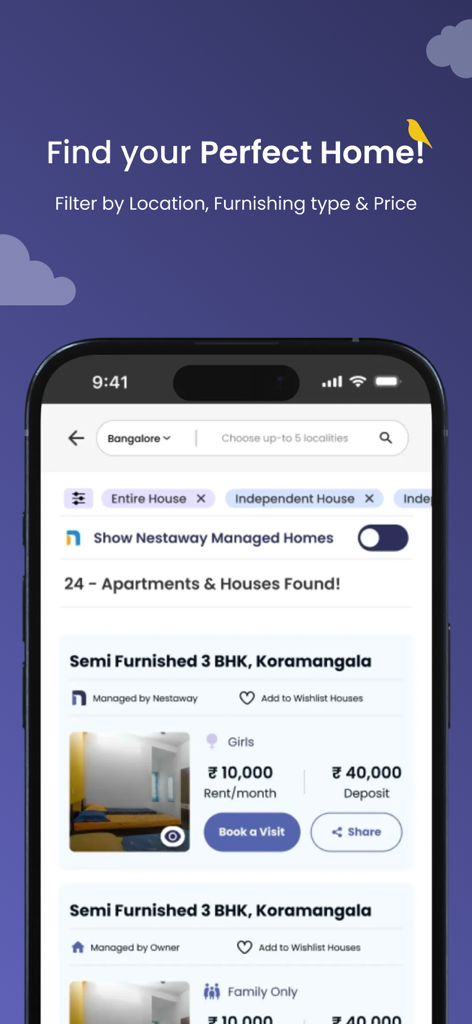 NestAway mobile app screen showing rental house listings in Bangalore India with pricing and filter options