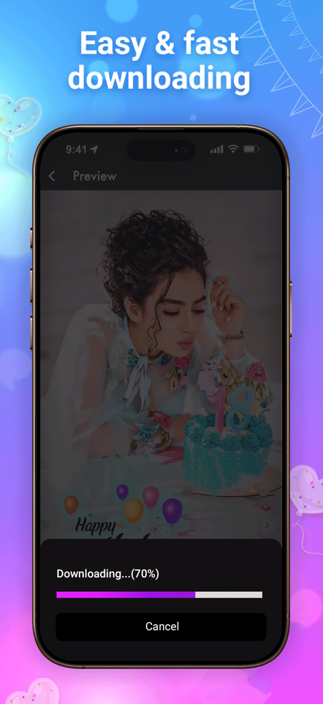 Birthday Video - A mobile app interface showing a birthday video download in progress at 70 percent