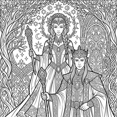 Step into a world of magic with this stunning Elven Royalty coloring page, designed specifically for adult colorists. Featuring two regal elven figures amidst a richly detailed fantasy landscape, it promises hours of creative relaxation.