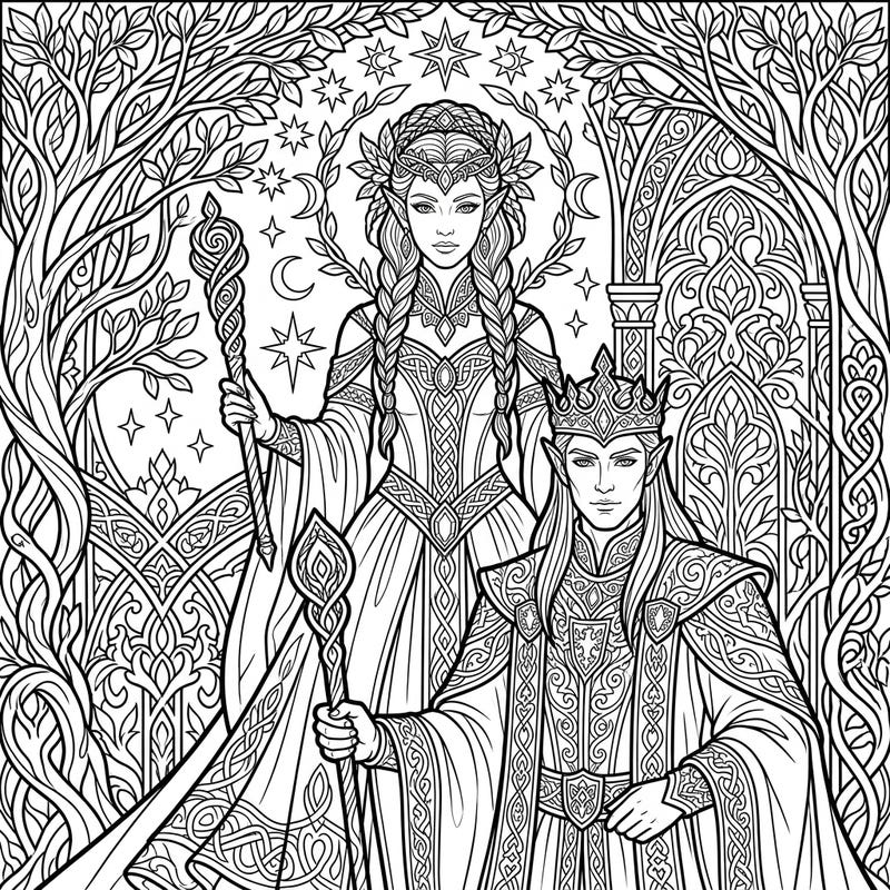 Step into a world of magic with this stunning Elven Royalty coloring page, designed specifically for adult colorists. Featuring two regal elven figures amidst a richly detailed fantasy landscape, it promises hours of creative relaxation.