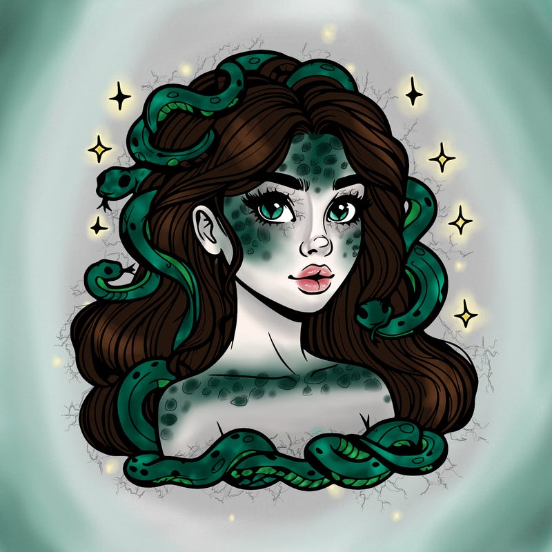 realistic girl with snakes as hair