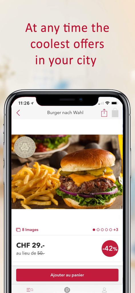 Mobile-App-Oberfläche zeigt einen Rabatt auf ein Gourmet-Burger-Menü mit Pommes im Bereich lokale Angebote