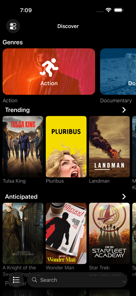 La scheda Scopri dell'app Television Time che mostra serie TV di tendenza e anticipate