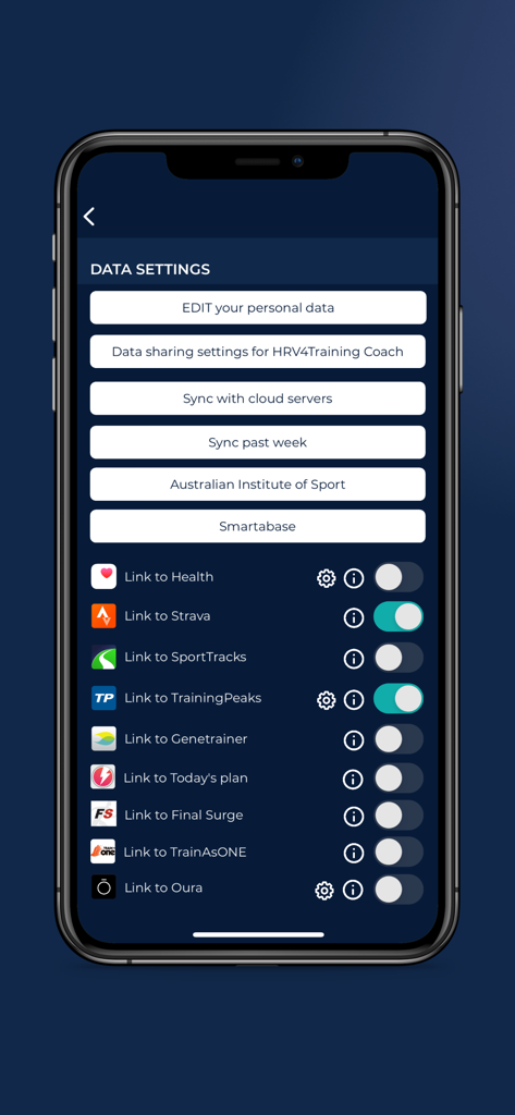 HRV4Training app data settings screen showing integrations with Strava and TrainingPeaks