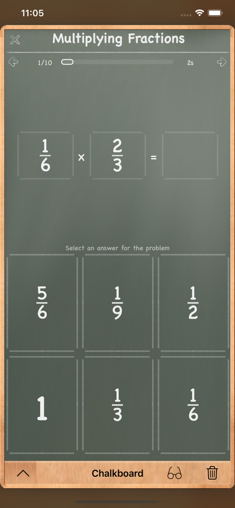 A multiplication problem with fractions displayed on a digital chalkboard within the MathBoard Fractions app.